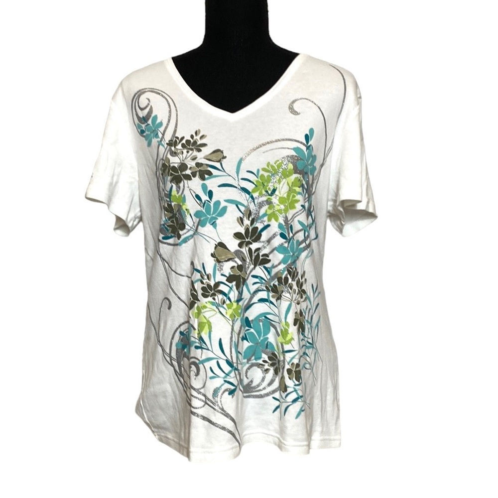 White Floral V-Neck Cotton T-Shirt L